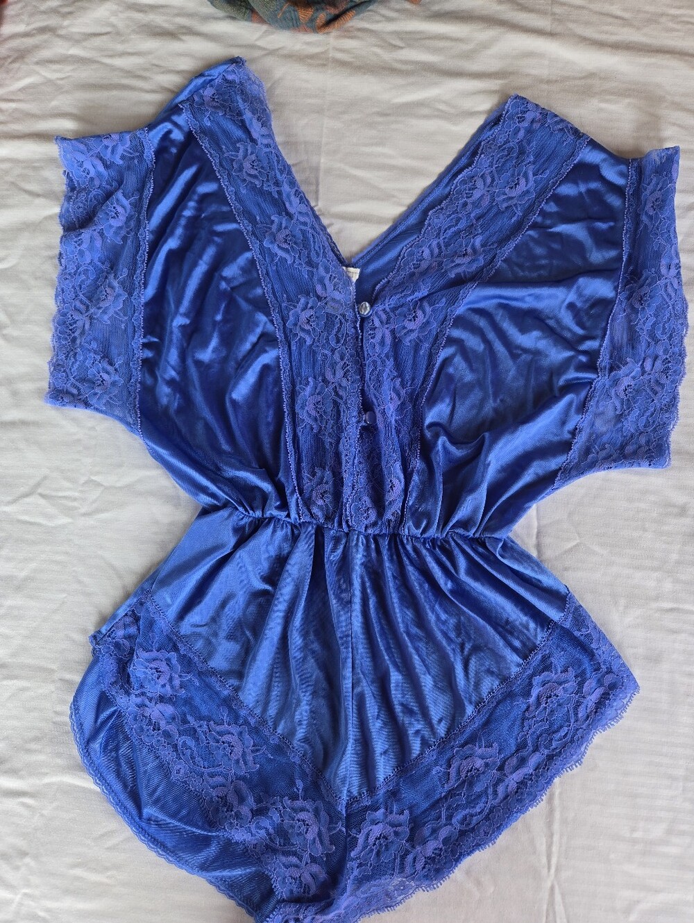Eighties Tex Sheen Royal Blue Lace-Trim Satin Romper -Teddy Medium